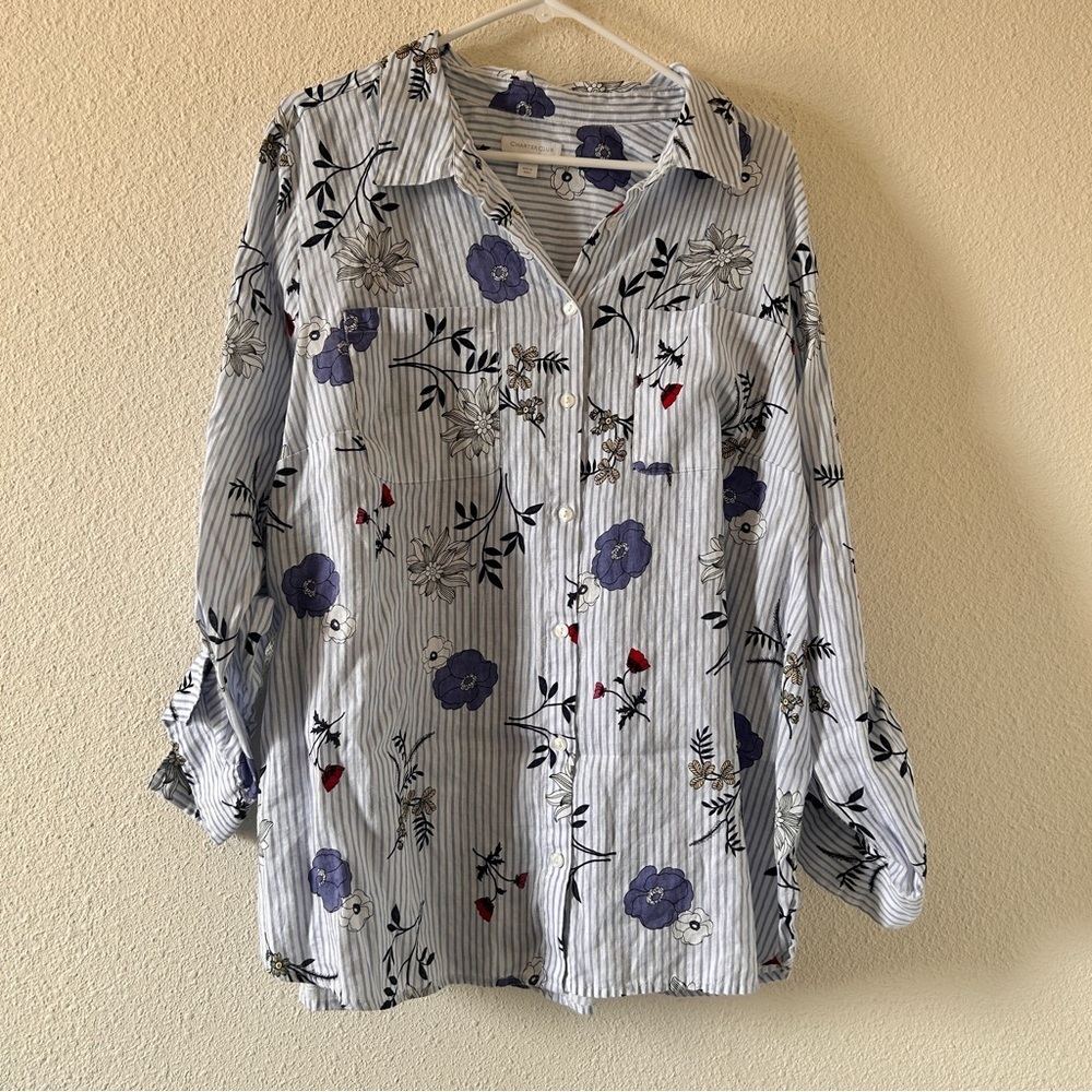 Charter Club 100% Linen Button Up Women’s 2X Striped Floral Roll Tab Sleeves
